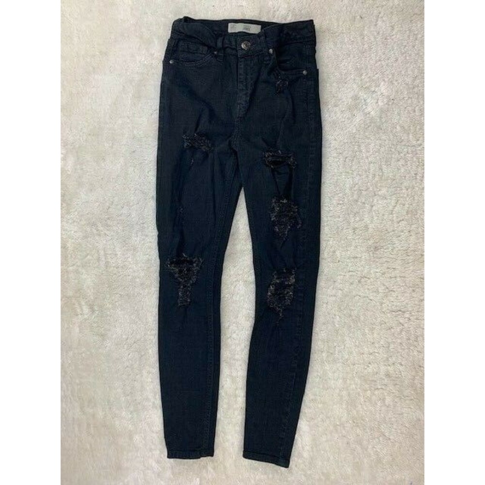 TopShop Moto Size 25x30 Womens Jeans Black Skinny Rip Torn Distressed Mid Rise
